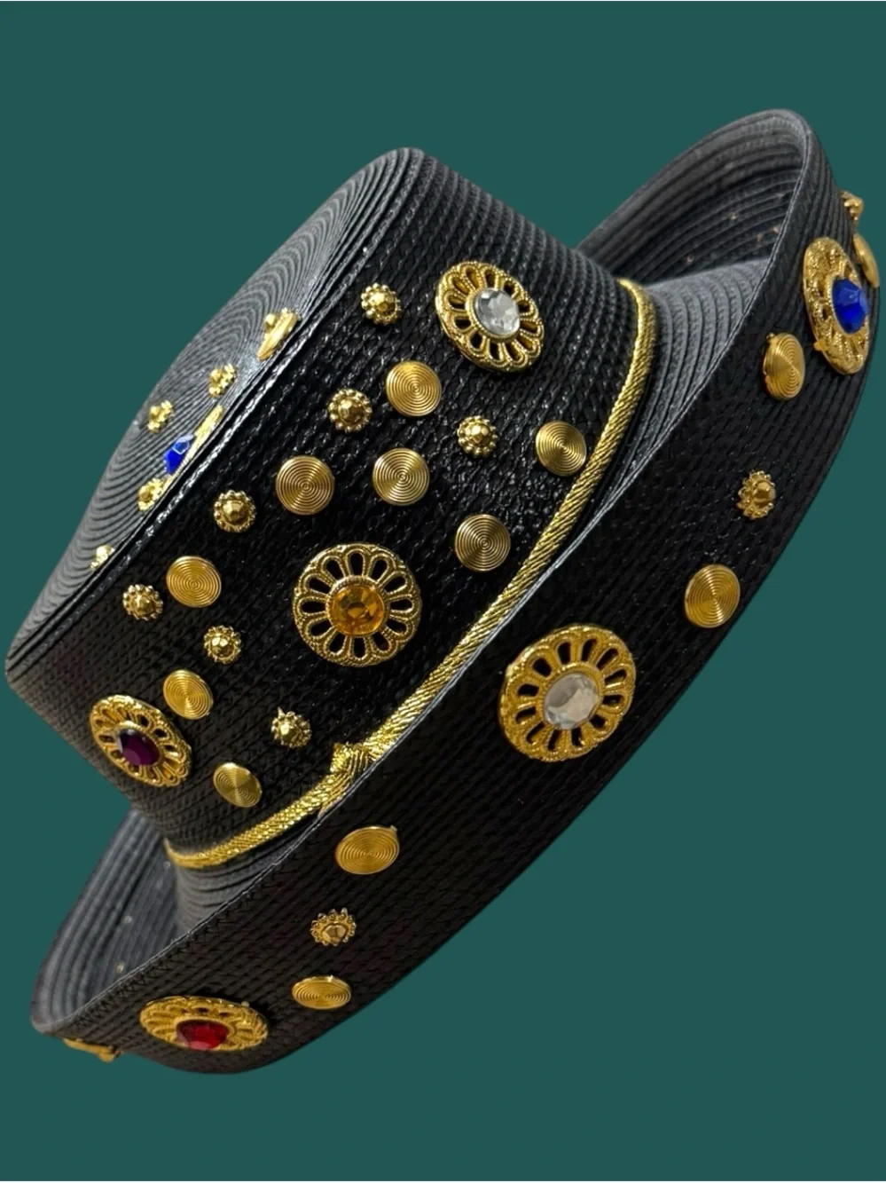 Vintage black Embellished Straw Wide-Brim Hat with Gold Accents